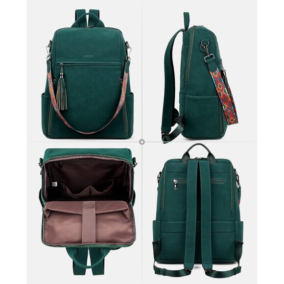 Women's Dark Green Suede Style Backpack Designer 15.6 inch PU Leather Laptop Bag - Picture 6 of 9